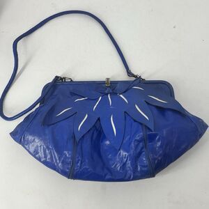 Vintage 80s Blue Leather Handbag Oversized Floral Applique Frame Shoulder Purse